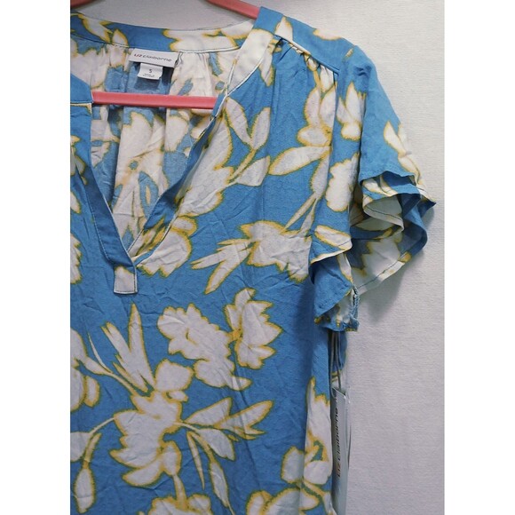 NWT Liz Claiborne Blue Hawaiian Floral Short Sleeve V-Neck Blouse Women's Small - Picture 4 of 7